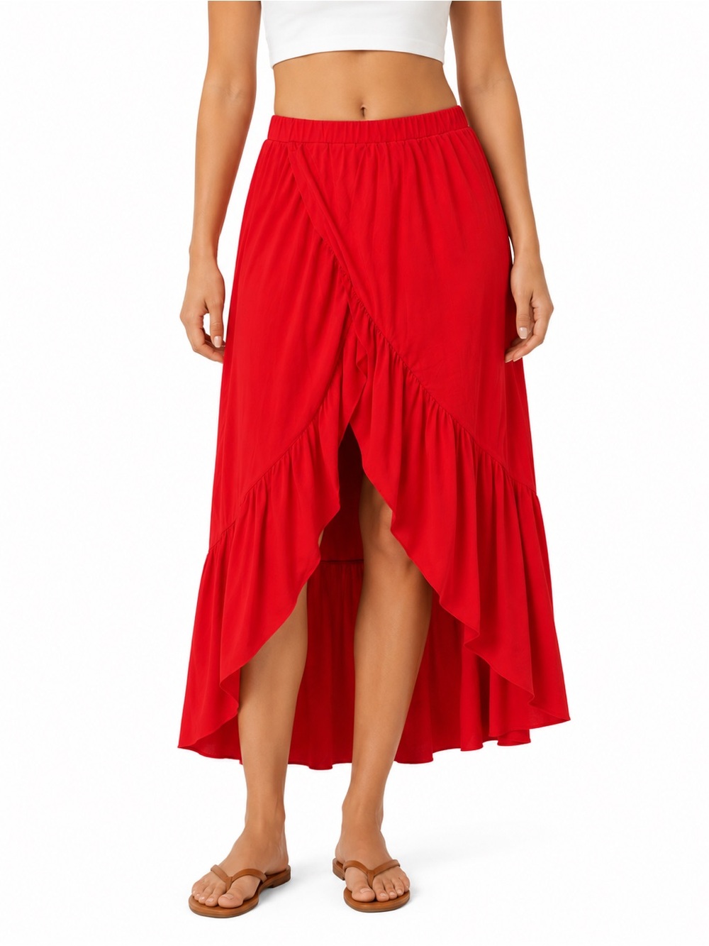 Red Ruffled High-Low Sheer Maxi Skirt With Attached Shorts